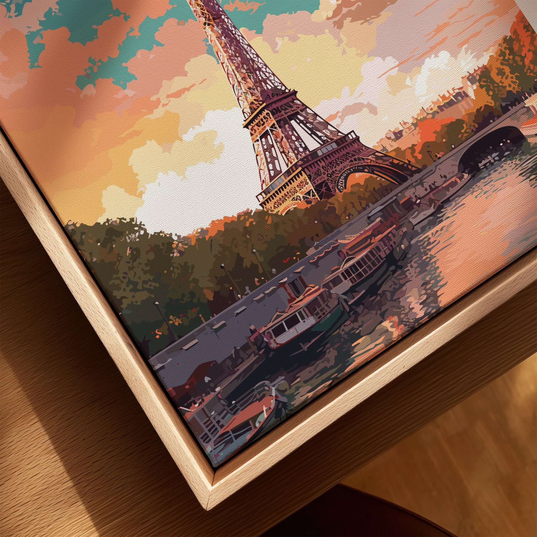 Paris Poster - Eiffel Tower showcasing a vibrant illustration of the Eiffel Tower with boats on the Seine River.