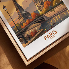 Paris France Autumn Seine River Art Print | Eiffel Tower and Notre Dame Poster showcased in a wooden frame.