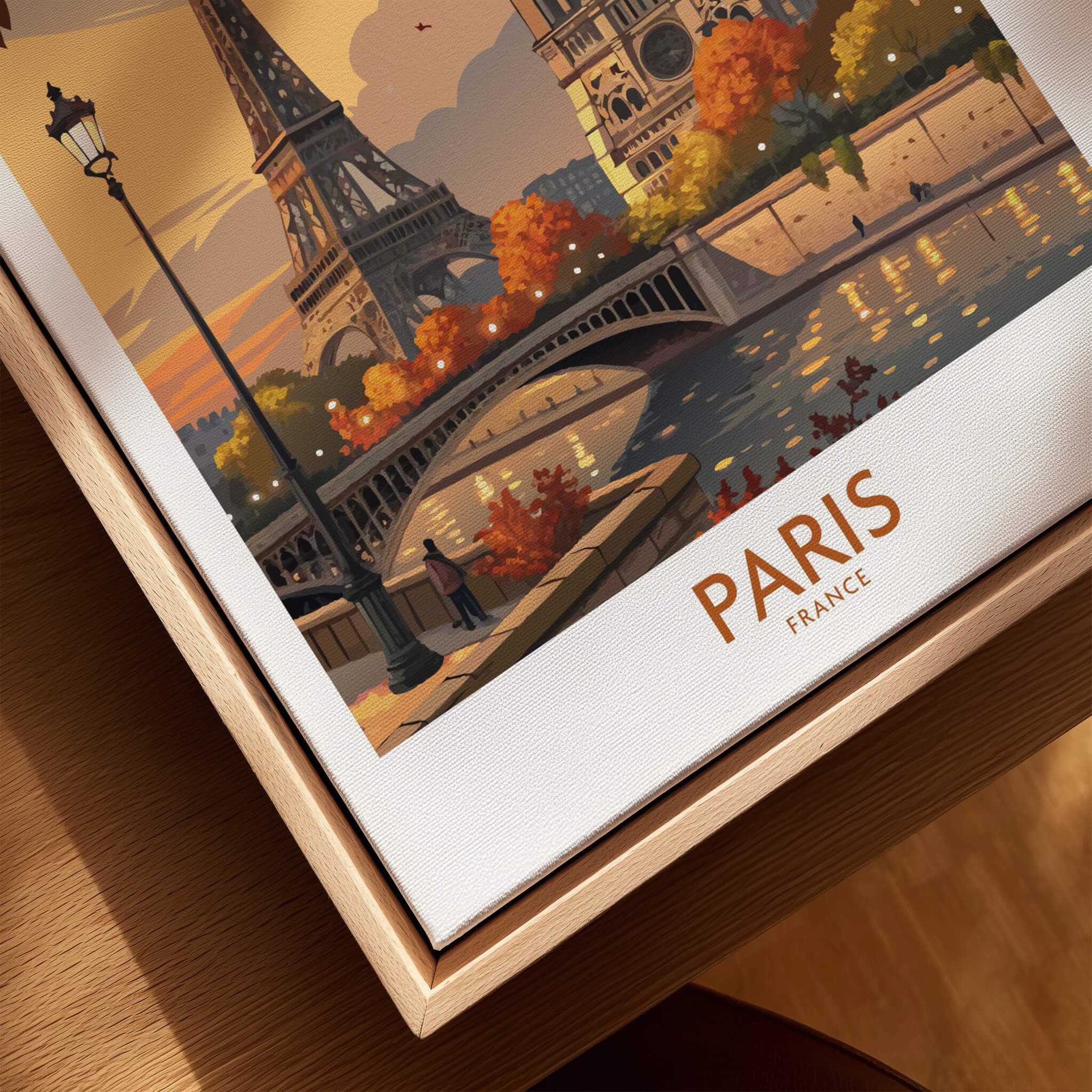 Paris France Autumn Seine River Art Print | Eiffel Tower and Notre Dame Poster showcased in a wooden frame.