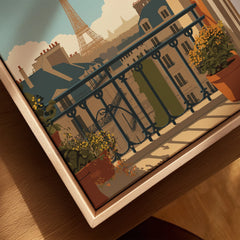 Close-up of framed canvas featuring Paris balcony view with Eiffel Tower and potted flowers