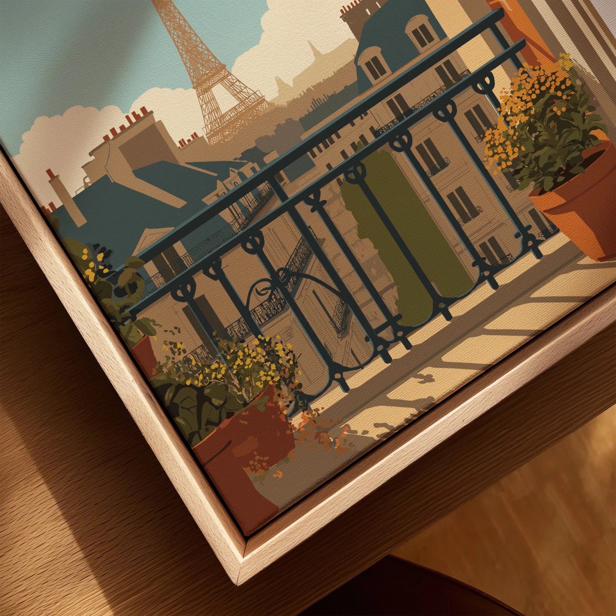 Close-up of framed canvas featuring Paris balcony view with Eiffel Tower and potted flowers