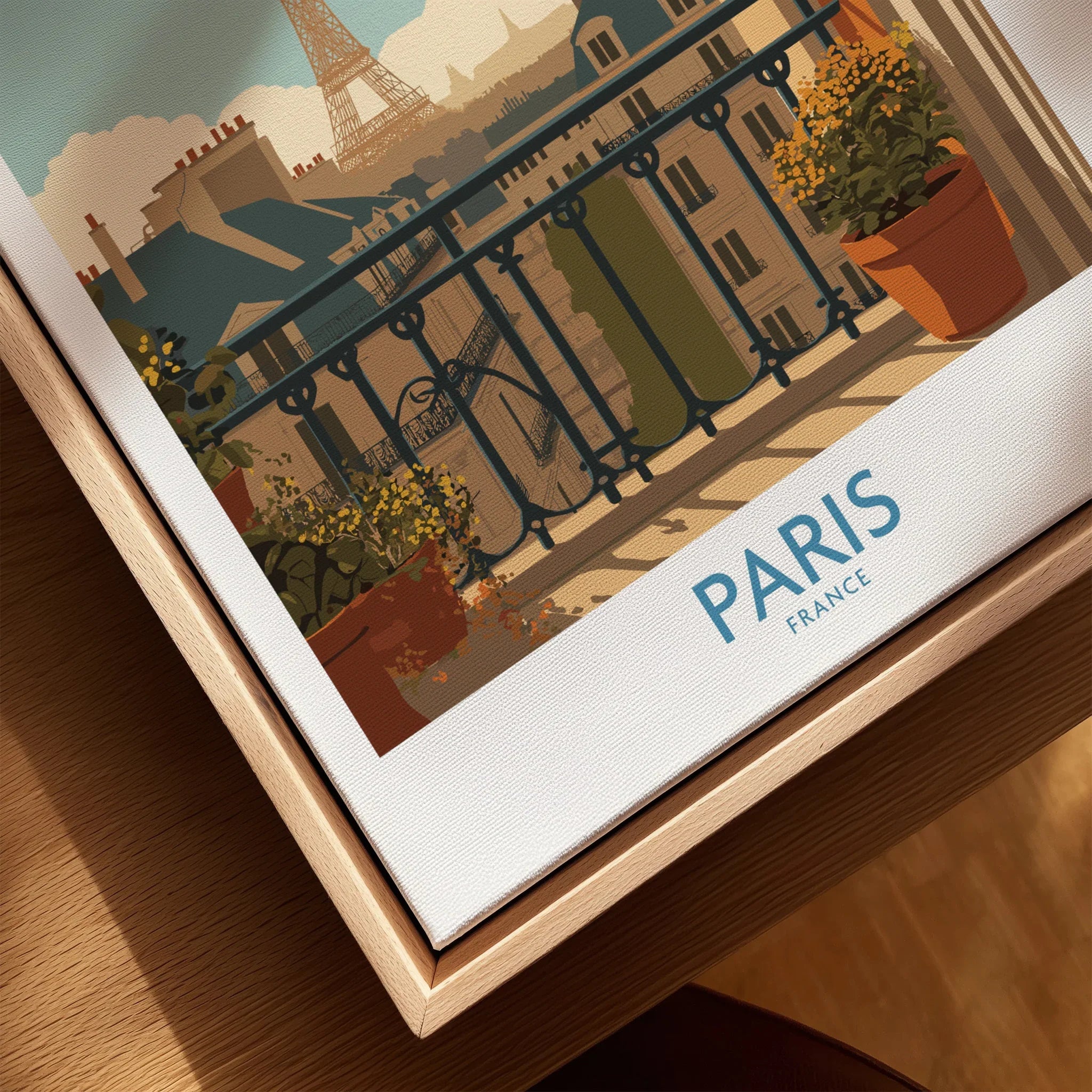 Paris travel poster close-up in natural wood floating frame, balcony view with Eiffel Tower