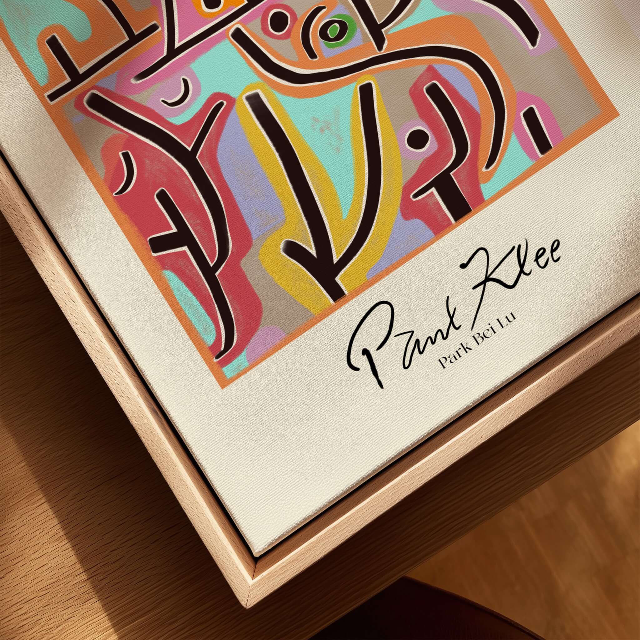 Paul Klee Park Bei Lu Colorful Abstract Landscape Poster Art Print displayed on a wooden surface