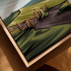 Close-up of framed Peak District landscape canvas print with natural wood floating frame