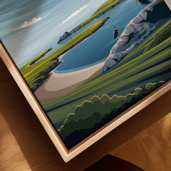 Close-up of Pembrokeshire Coast art print in natural wood floating frame