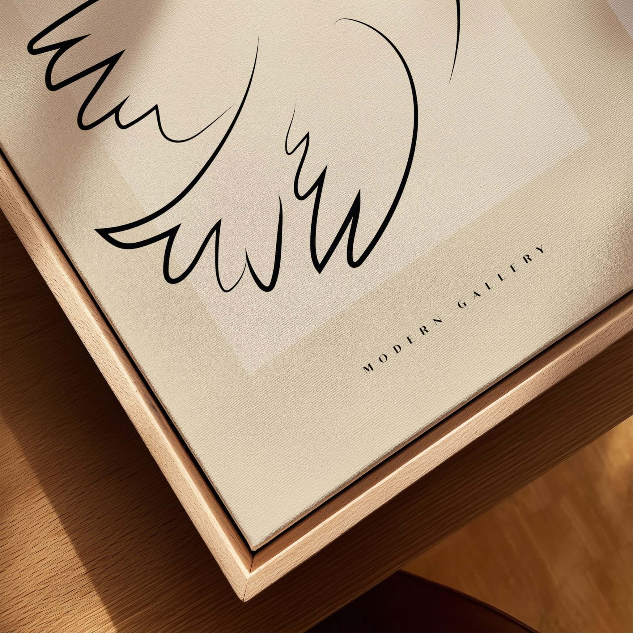Picasso Dove of Peace Olive Branch Line Art Poster Modern Gallery Print displayed on a wooden surface.