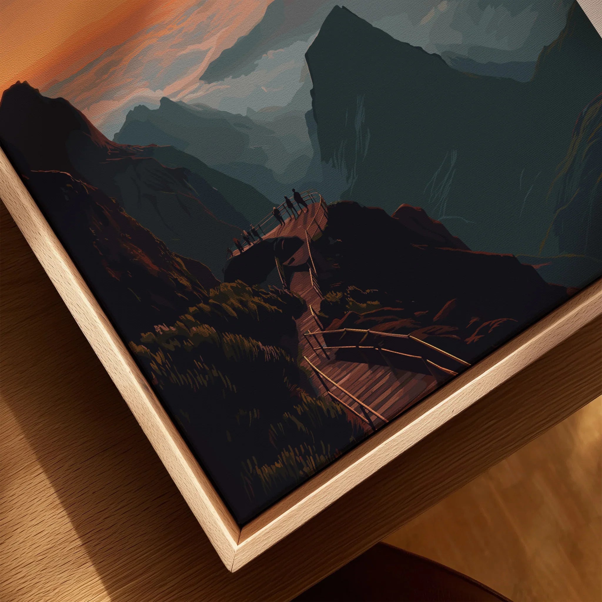 Close-up of framed canvas wall art featuring Pico do Arieiro mountain sunset view