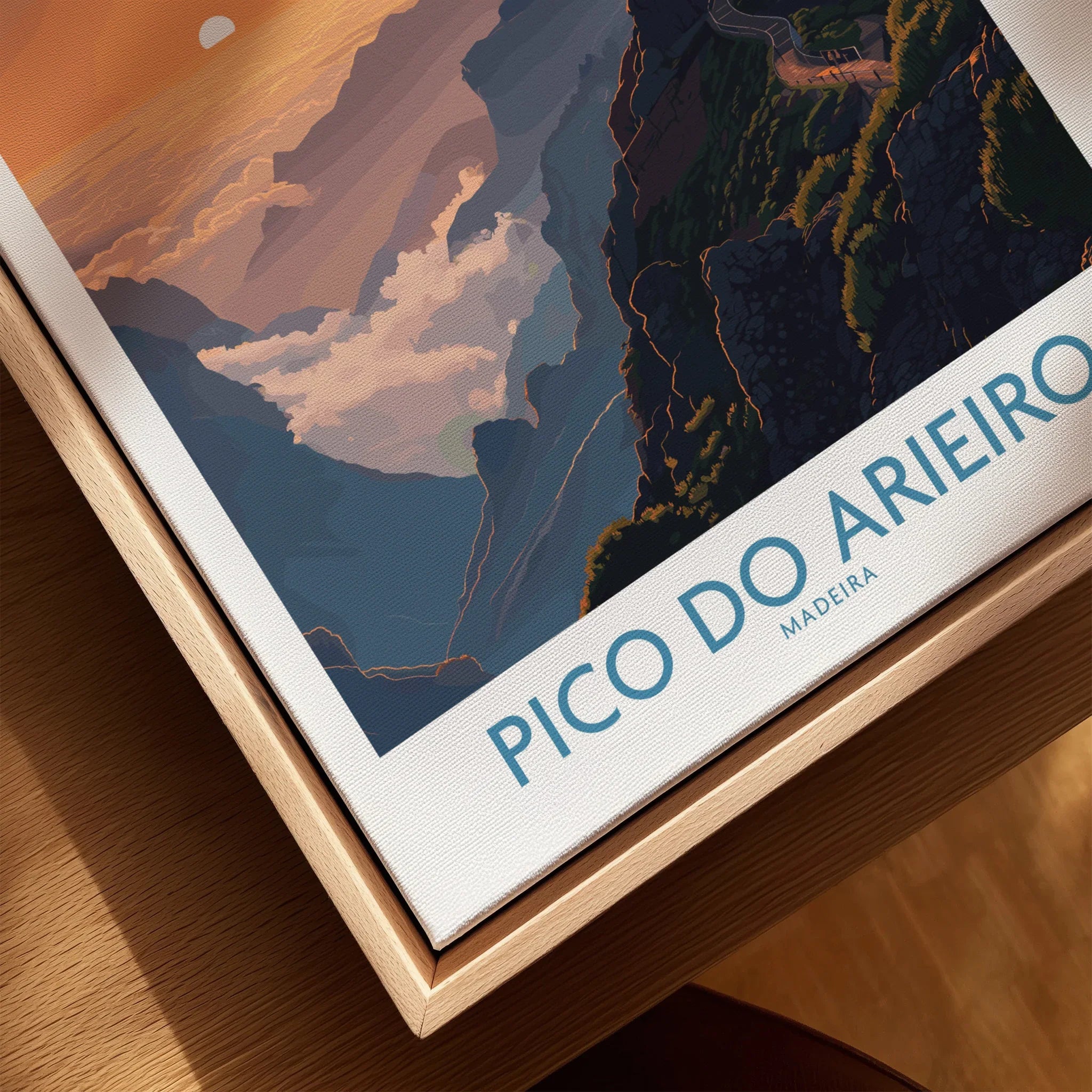 Framed canvas wall art of Pico do Arieiro mountain, Madeira, with sunset and clouds detail.