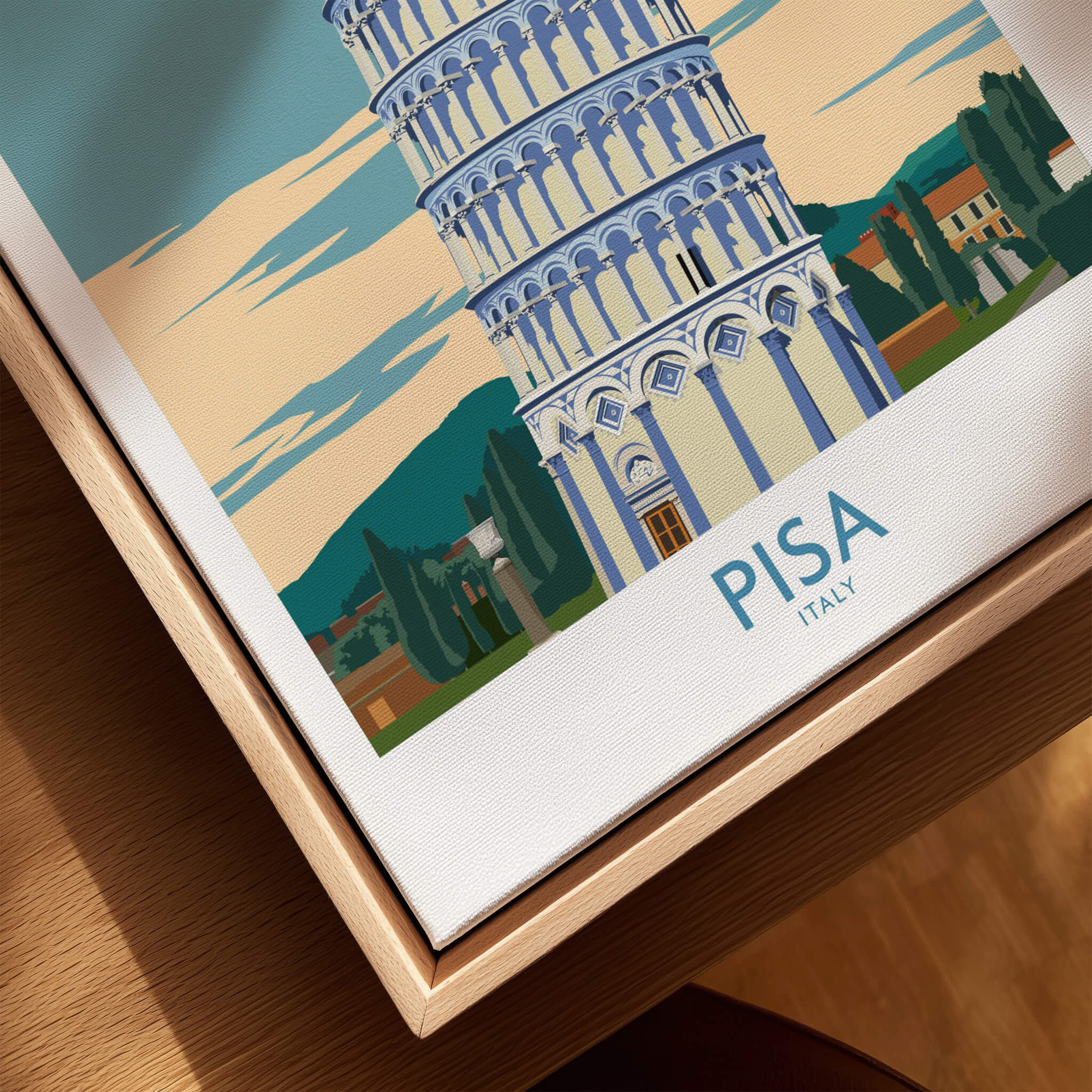 Pisa Wall Art Print | Italy Travel Poster showcasing the iconic Leaning Tower of Pisa in an elegant landscape.