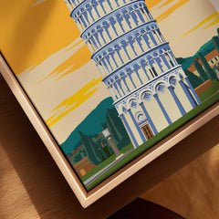 Pisa Tower Print Poster Italy Wall Art with vintage-style design and sunset backdrop for elegant home decor.