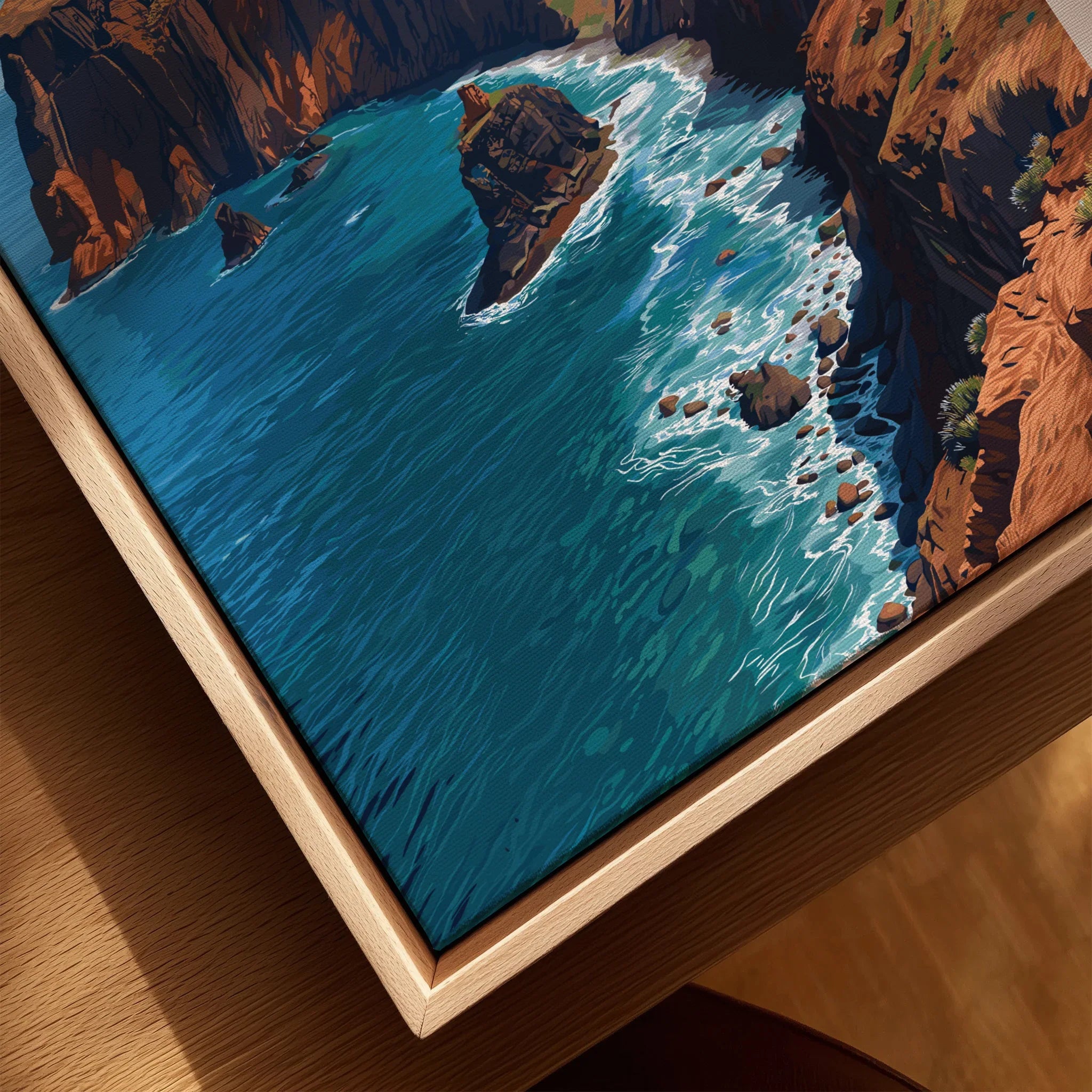 Closeup of framed canvas wall art with coastal cliffs, blue ocean, and rocks.