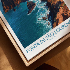 Closeup of Ponta de São Lourenço Madeira travel art print in natural wood floating frame