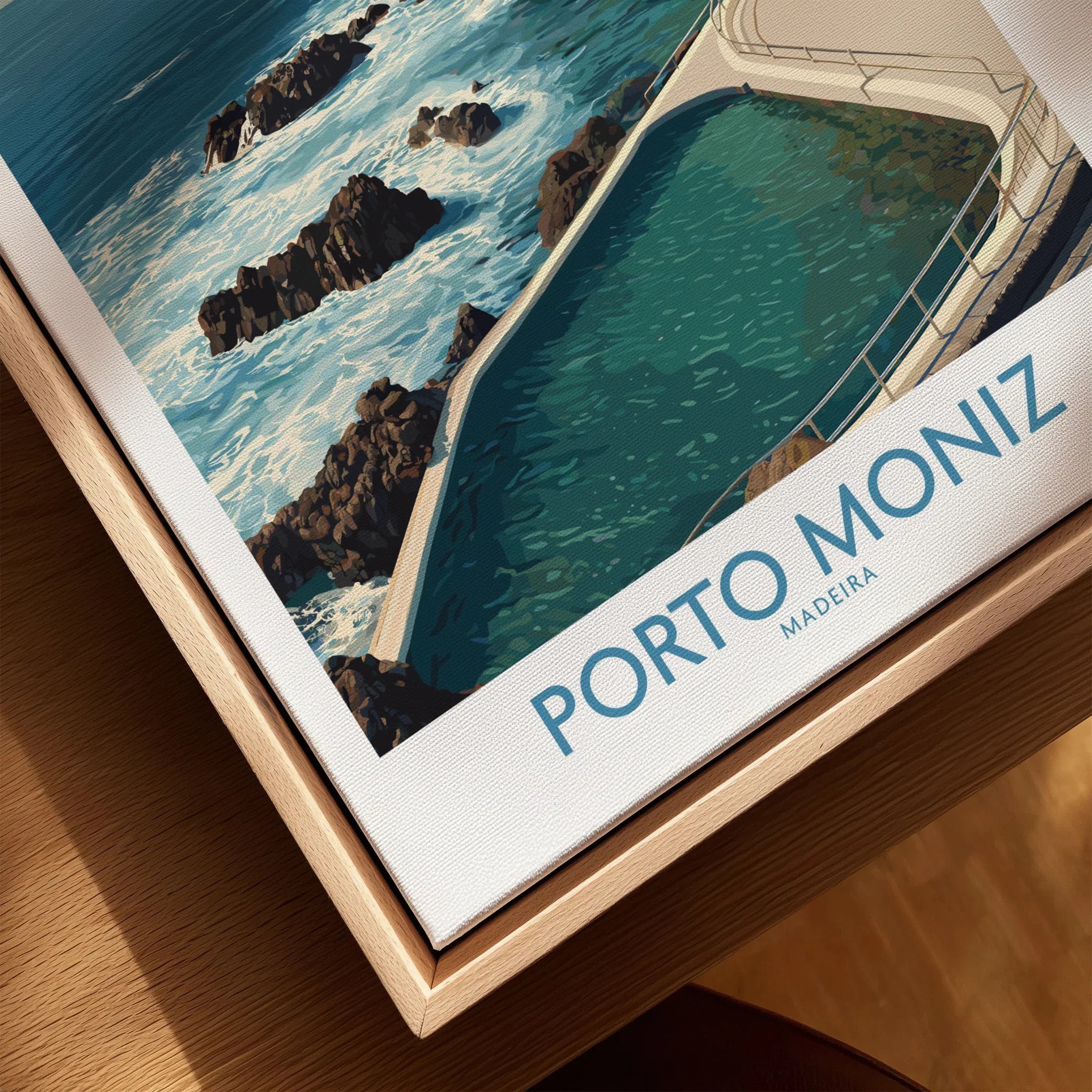 Framed Porto Moniz Madeira travel poster close-up with ocean pool and rocky coast
