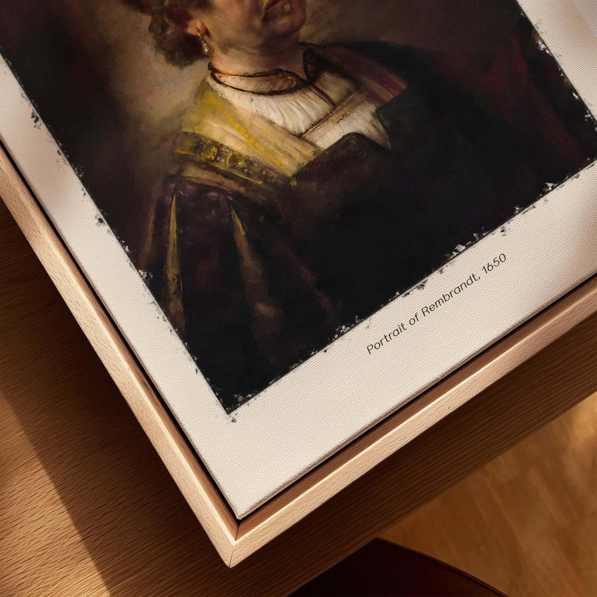 Rembrandt Self Portrait 1650 Dutch Master Painter Art Print Poster Wall Decor displayed on a wooden surface.