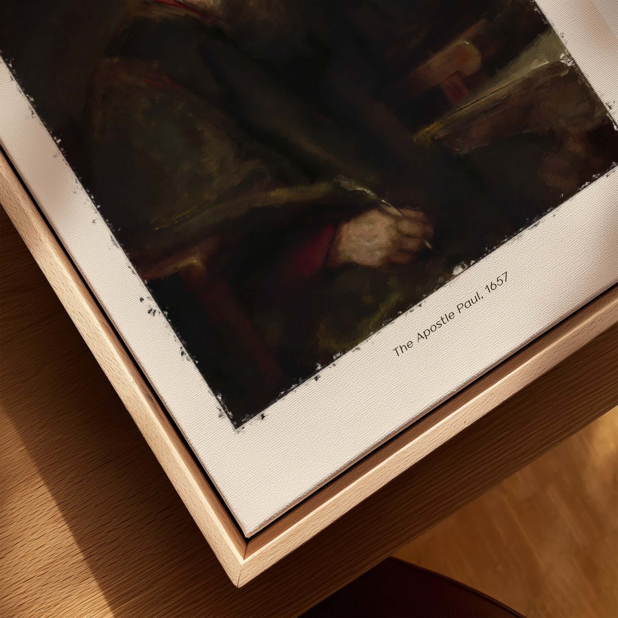 Rembrandt The Apostle Paul 1657 Religious Art Print Baroque Painting Poster displayed on wooden frame.