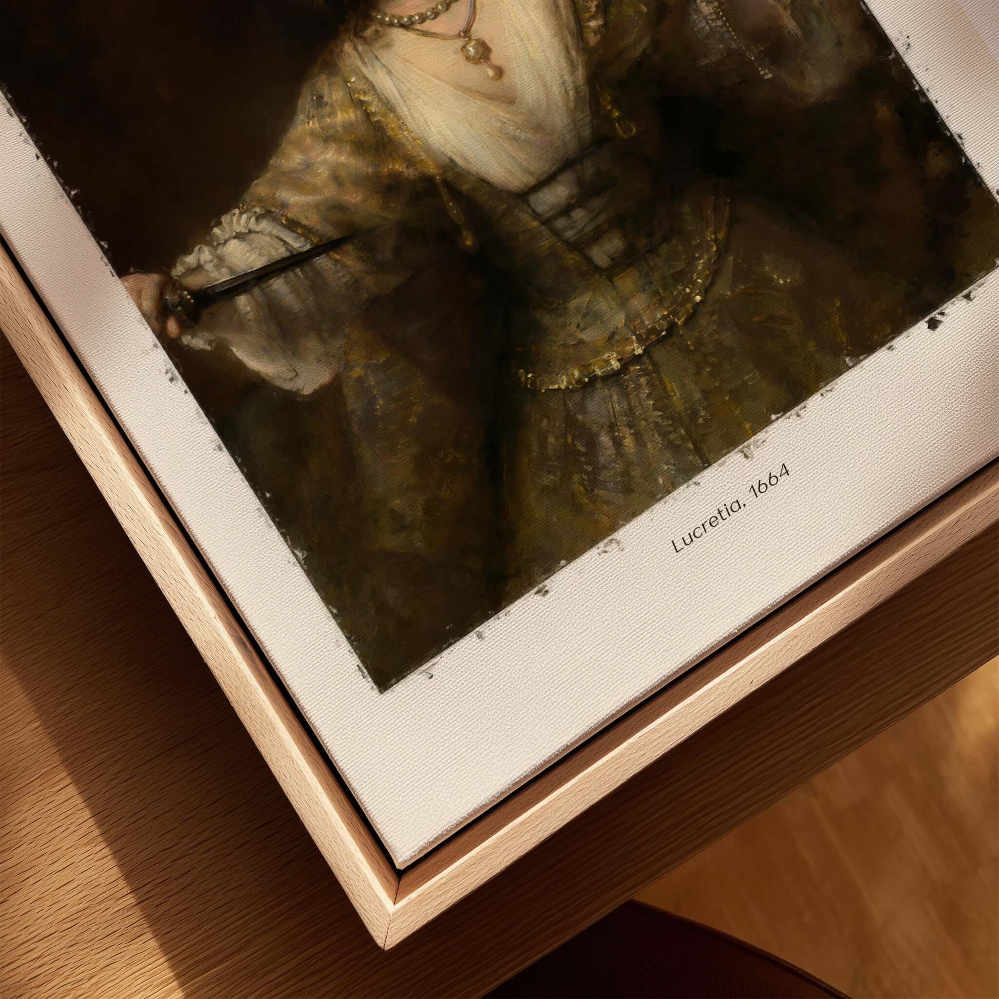 Rembrandt Lucretia 1664 Painting Art Print Baroque Historical Poster Wall Decor displayed in frame.