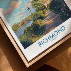 Framed Richmond London travel poster print with river and path in natural wood frame