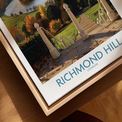 Richmond Hill London travel poster in a natural wood floating frame, close-up view
