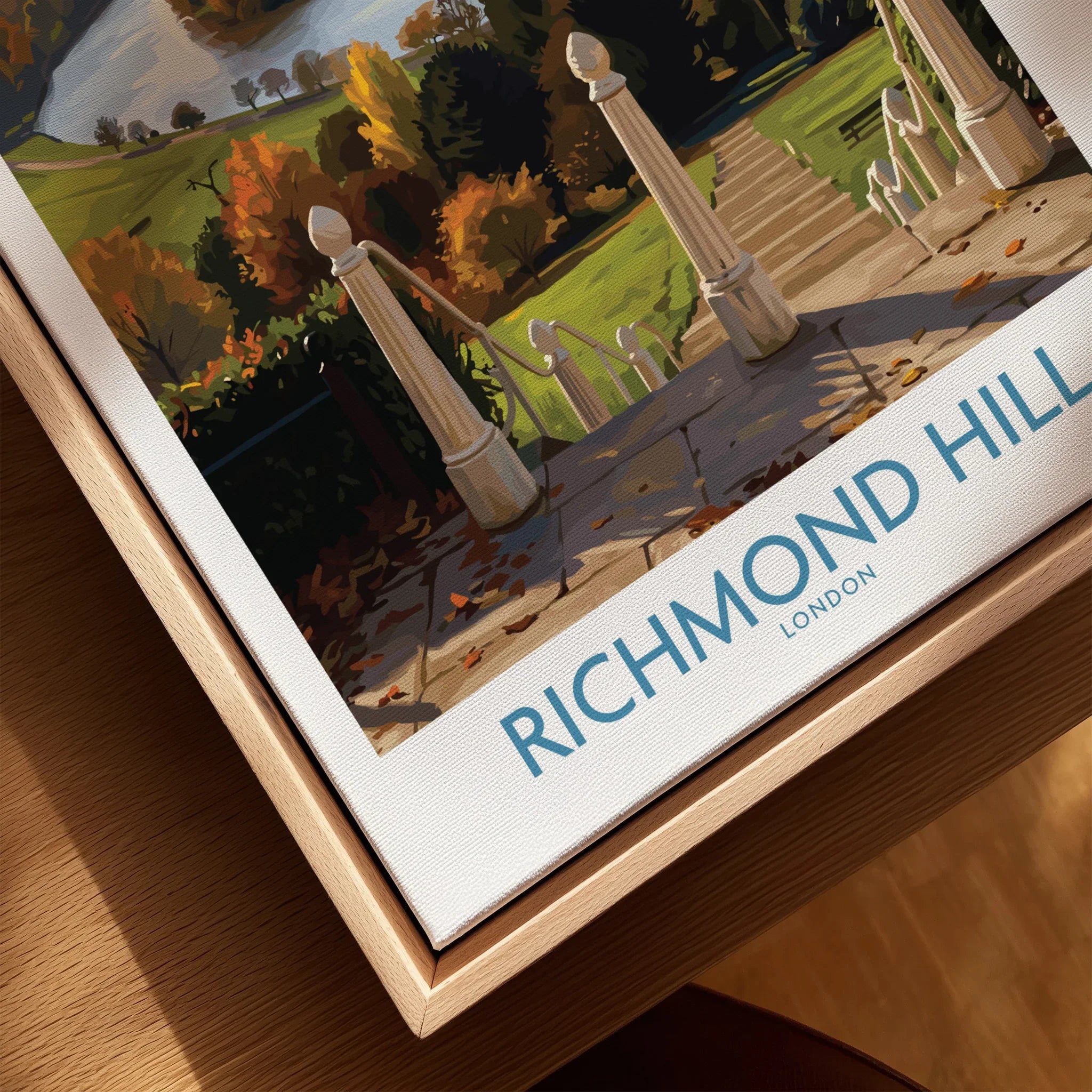 Richmond Hill London travel poster in a natural wood floating frame, close-up view