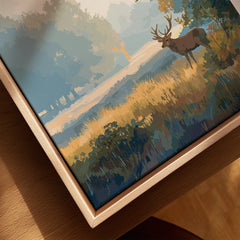 Closeup of a framed canvas wall art print showing a scenic landscape with a deer in Richmond Park.