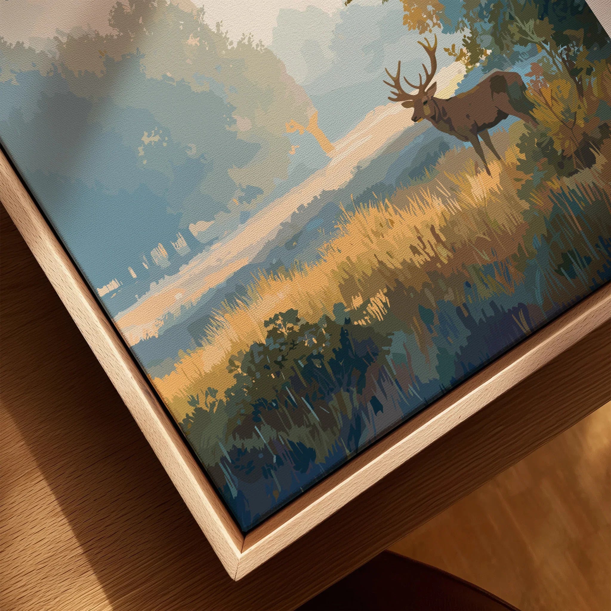 Closeup of a framed canvas wall art print showing a scenic landscape with a deer in Richmond Park.