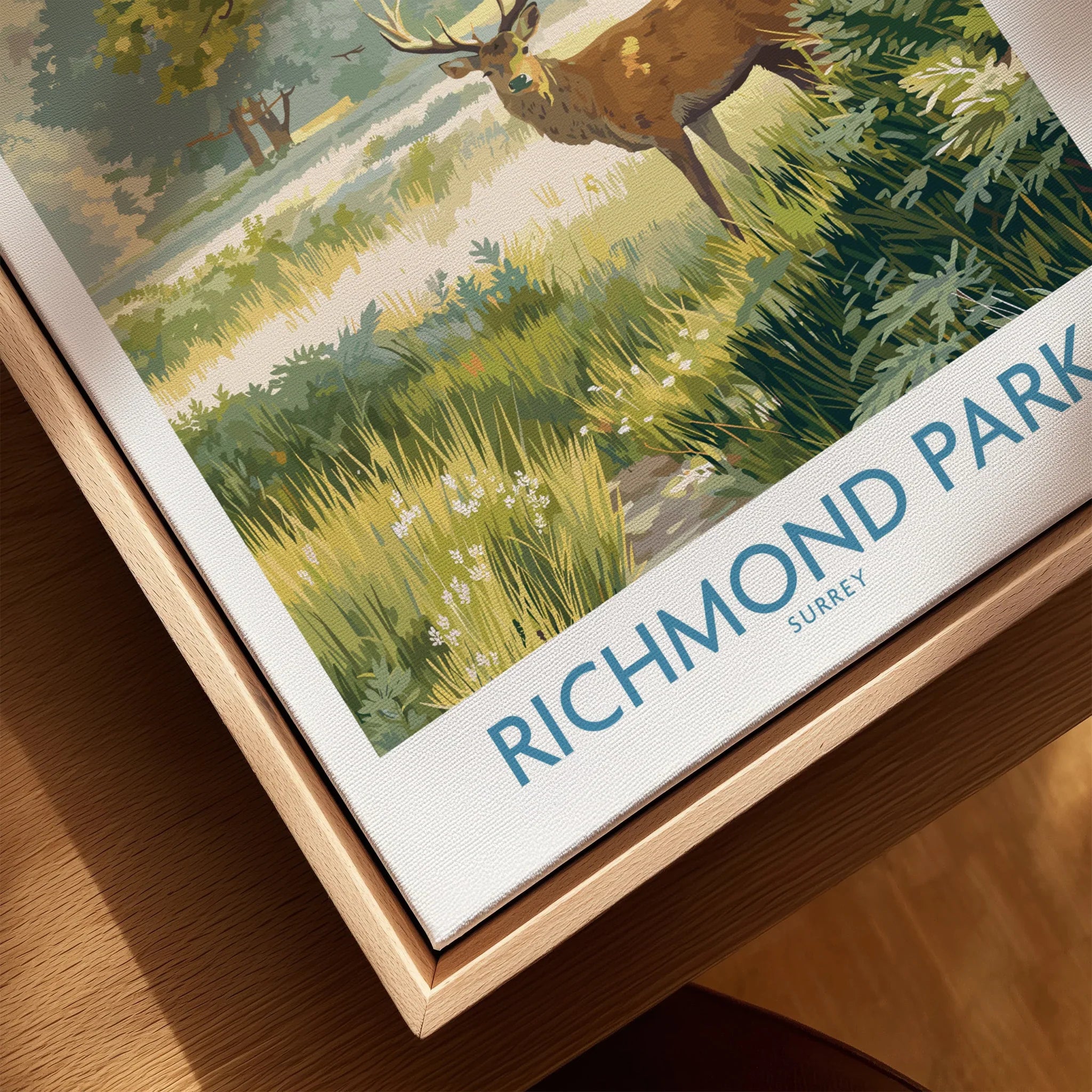 Framed Richmond Park Surrey travel poster with deer in a natural wood floating frame