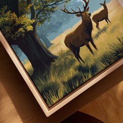 Framed canvas art of deer in Richmond Park, nature wall decor with natural wood floating frame