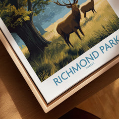 Travel poster of Richmond Park on canvas with stag and trees in natural wood floating frame