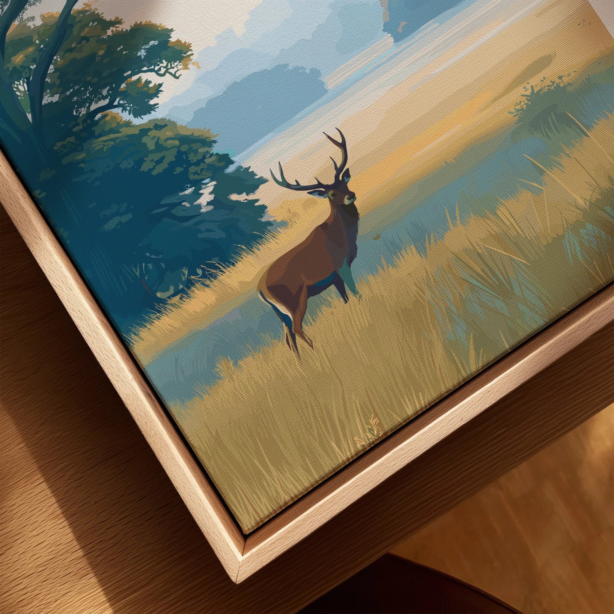 Closeup of framed canvas art featuring a stag in a scenic national park landscape.