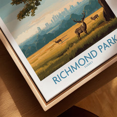 Framed Richmond Park canvas print with illustrated deer, skyline, and natural wood floating frame