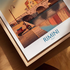 Rimini Italy Poster | Vintage Vespa & Historic Bridge Canvas Print featuring a Vespa beside a historic bridge in Rimini.