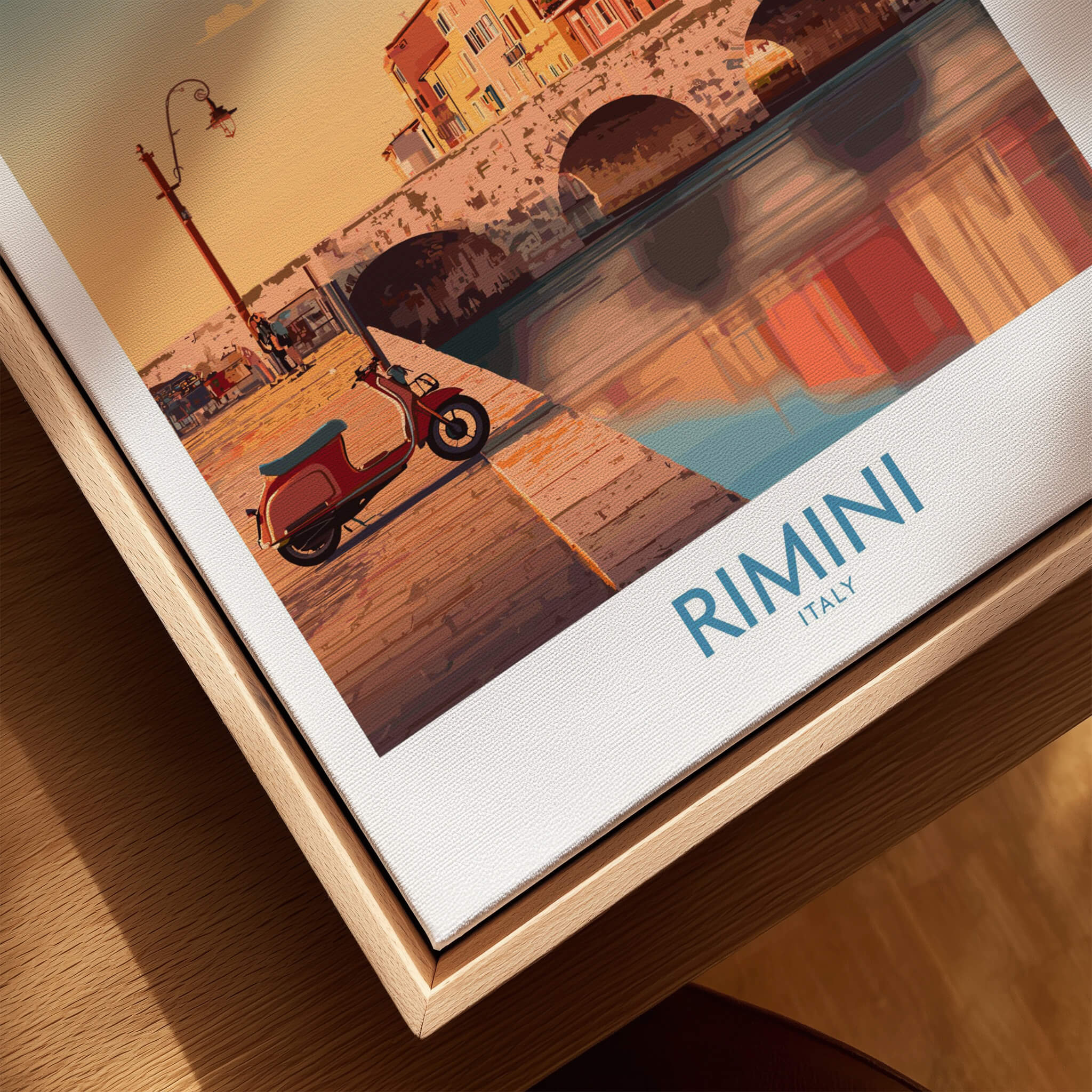 Rimini Italy Poster | Vintage Vespa & Historic Bridge Canvas Print featuring a Vespa beside a historic bridge in Rimini.
