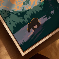 Framed canvas print closeup of bear by forest and mountain landscape, natural wood frame