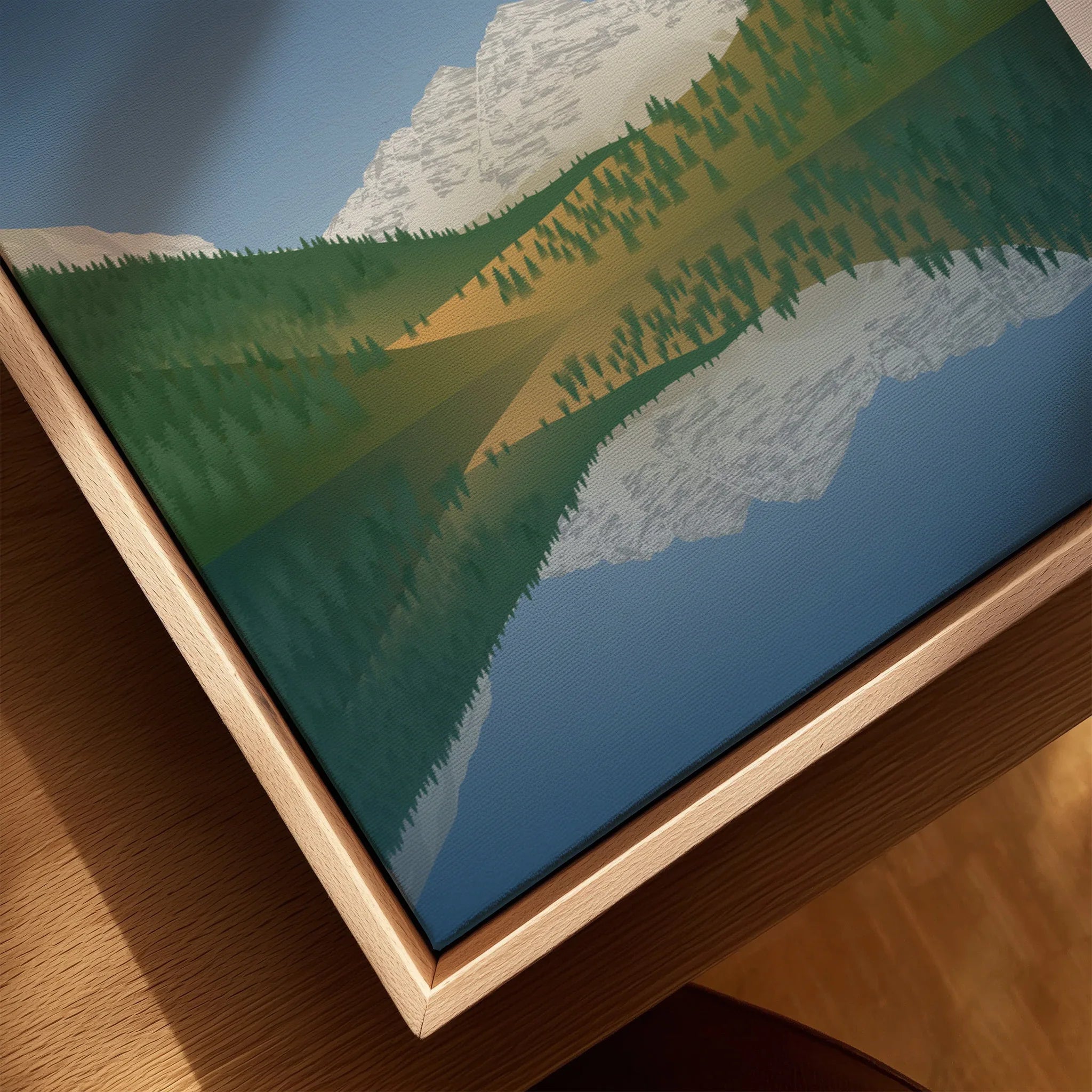Closeup of framed Rocky Mountain National Park print with natural wood floating frame