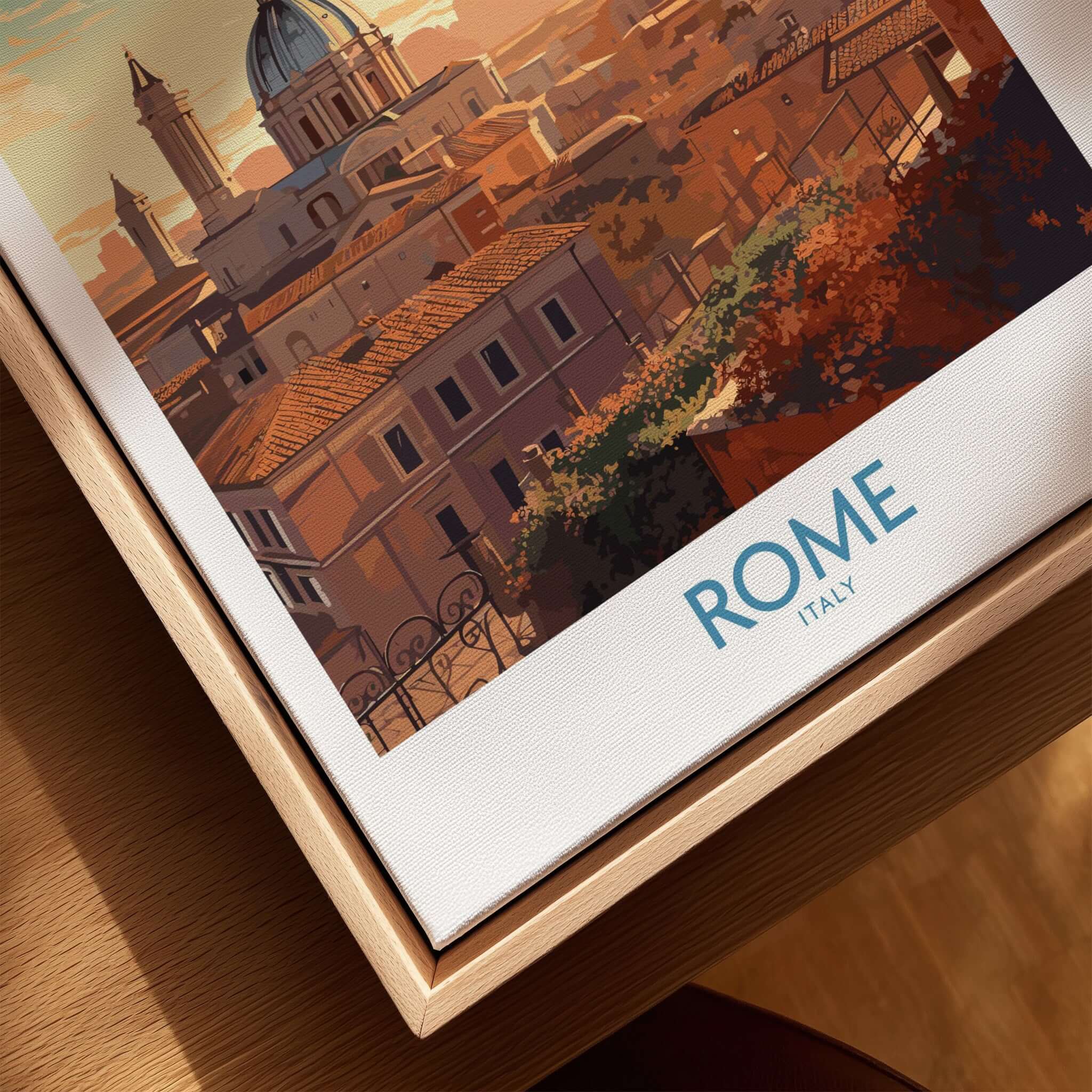 Rome Poster featuring a vibrant illustration of the cityscape, showcasing the beauty of Rome, Italy.