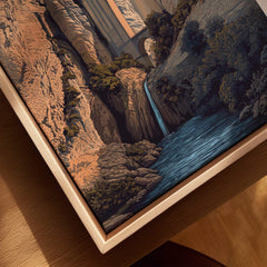 Ronda Spain Wall Art Print | Puente Nuevo Gorge Waterfall Travel Poster close-up view of the artwork depicting the gorge and waterfall.
