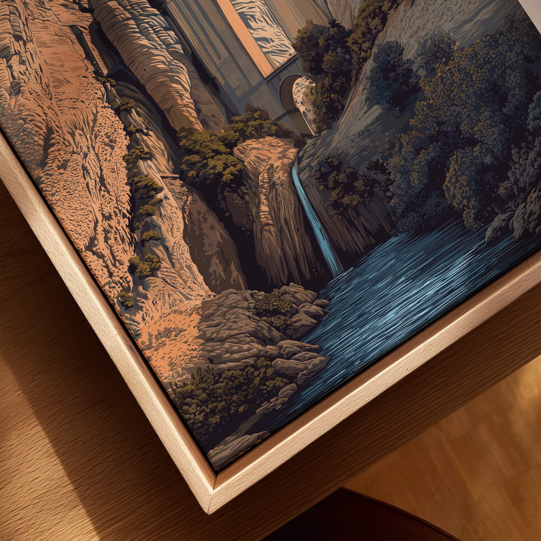 Ronda Spain Wall Art Print | Puente Nuevo Gorge Waterfall Travel Poster close-up view of the artwork depicting the gorge and waterfall.
