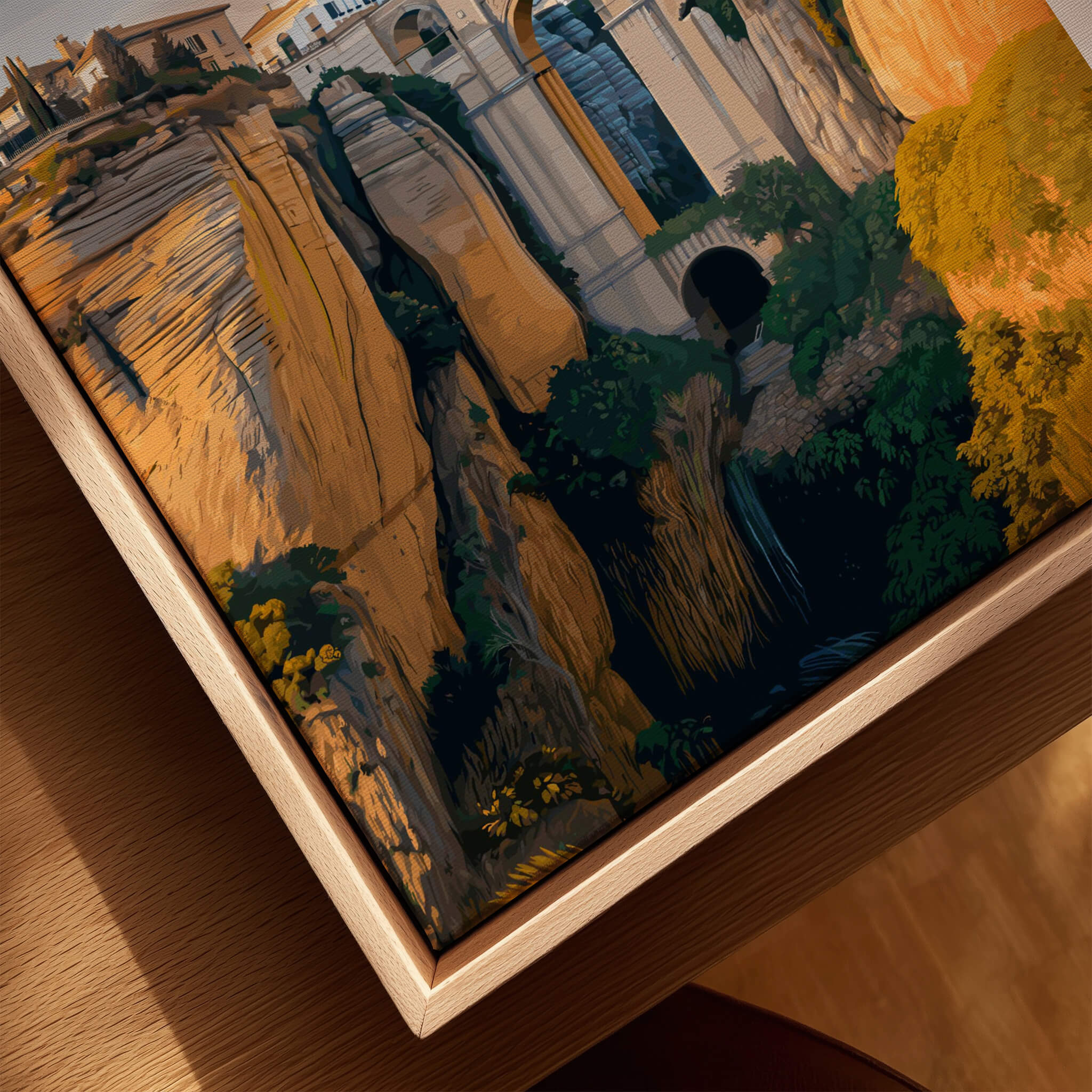Ronda Spain Wall Art Print | Historic White Village Cliffside Travel Poster featuring cliffs and lush landscapes.