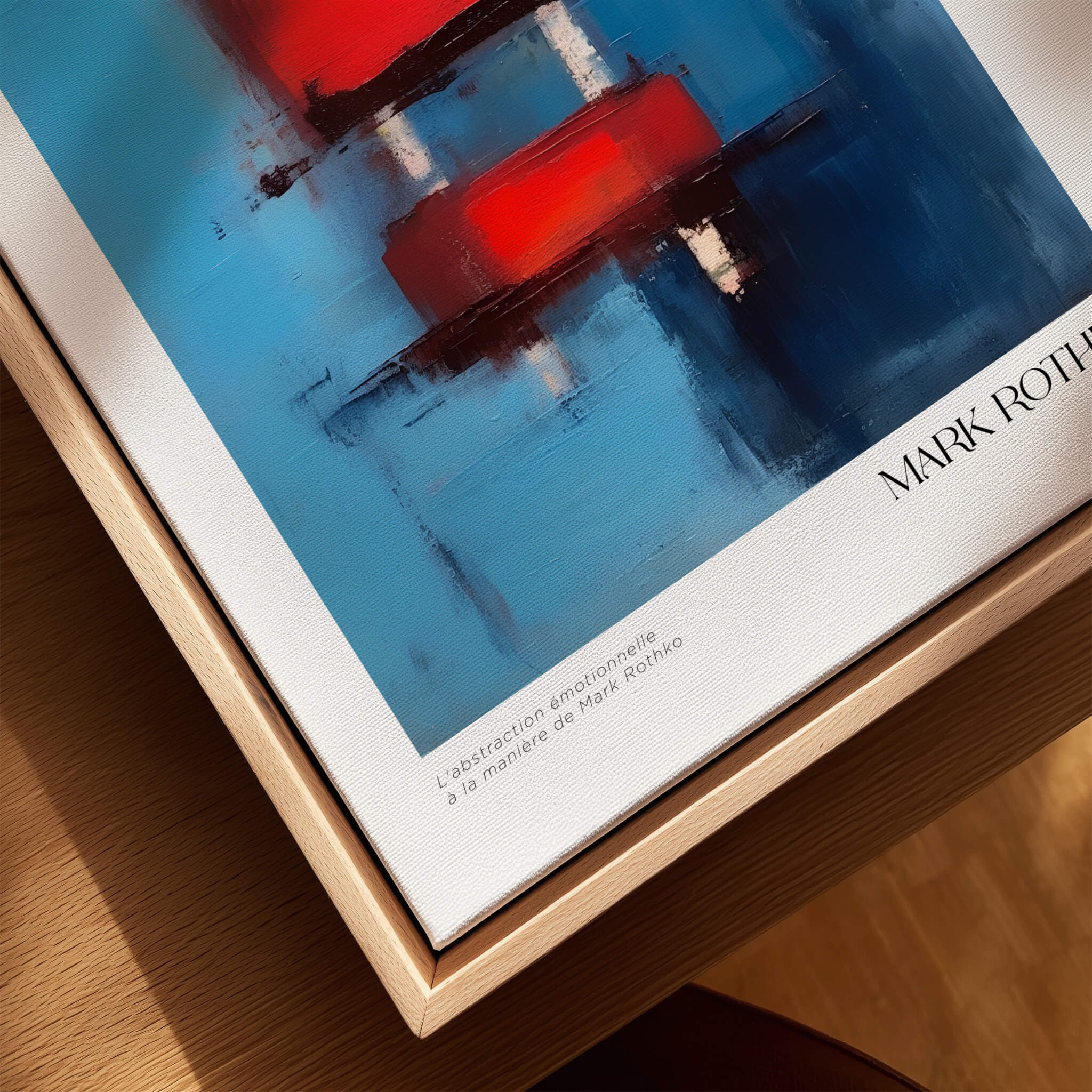 Rothko Inspired Abstract Red Blocks Art Print | Blue Background Wall Decor displayed in a wooden frame.