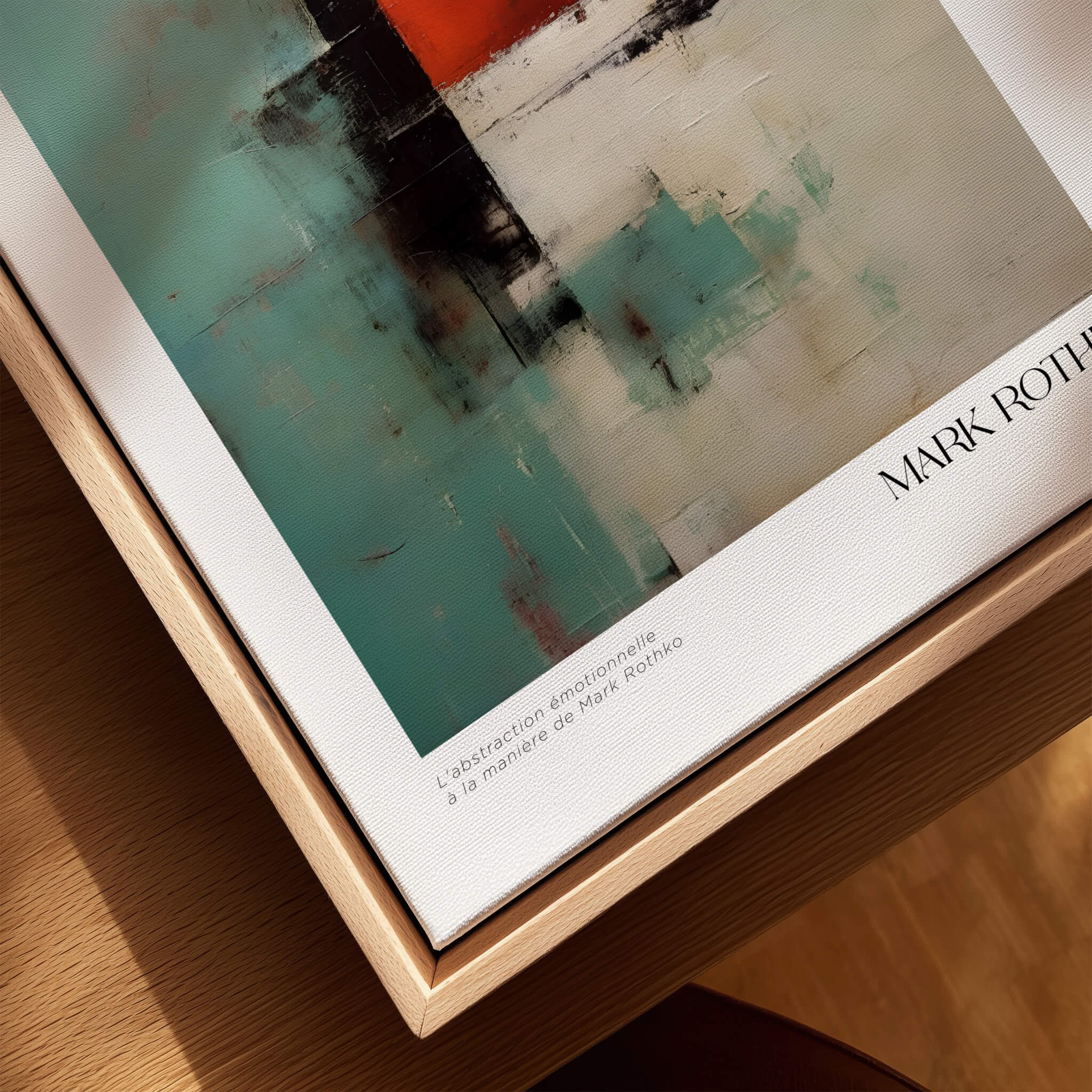 Rothko Inspired Abstract Red and Mint Art Print | Mid-Century Modern Wall Decor displayed on a wooden frame.