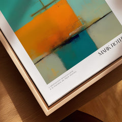 Rothko Inspired Abstract Turquoise Orange Art Print | Minimalist Wall Decor on a wooden frame.