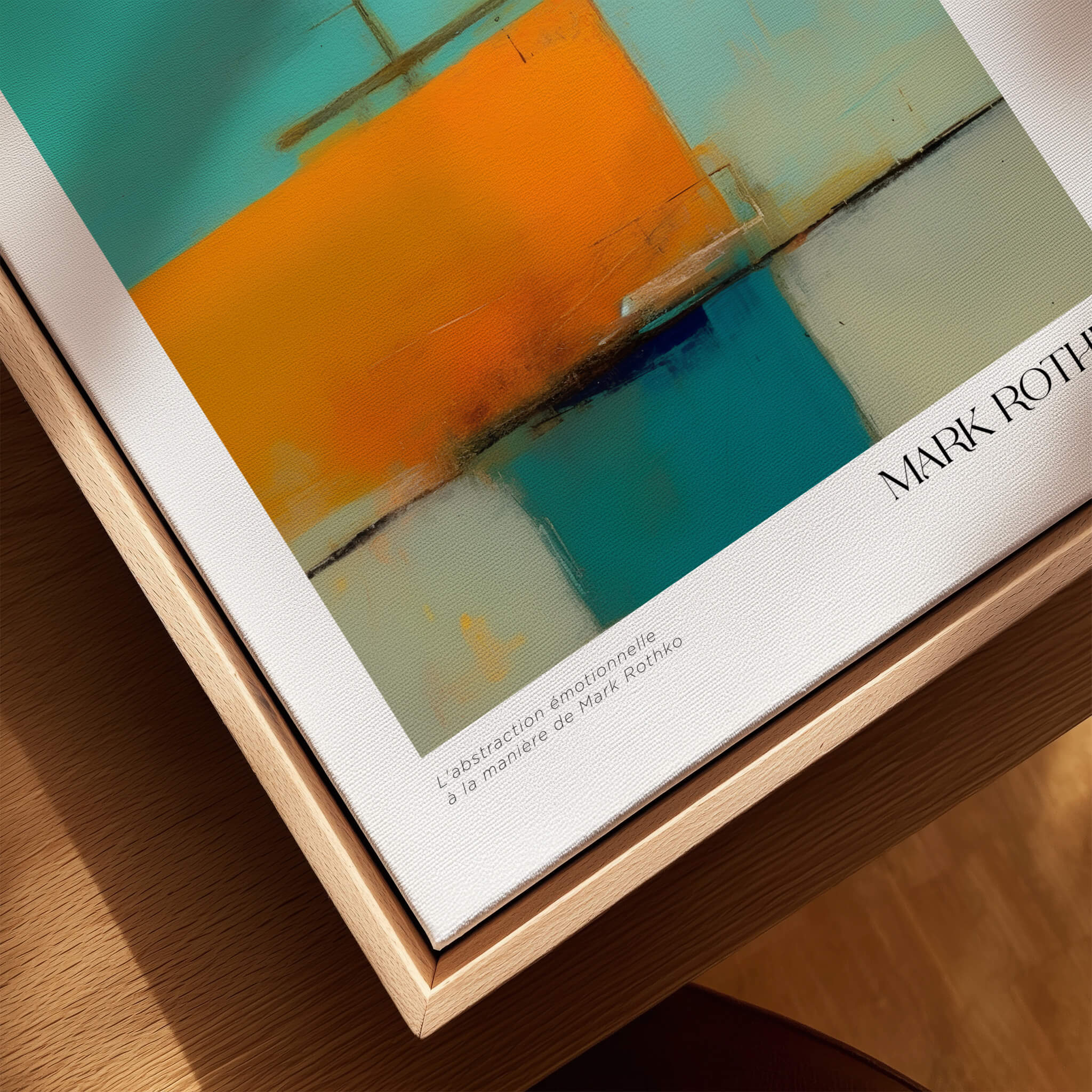 Rothko Inspired Abstract Turquoise Orange Art Print | Minimalist Wall Decor on a wooden frame.