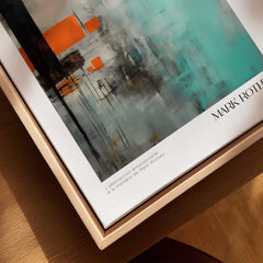 Rothko Inspired Abstract Mint and Orange Art Print | Expressionist Style Wall Decor displayed in a wooden frame.