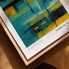 Rothko Inspired Abstract Yellow and Teal Art Print | Modern Poster displayed on a wooden surface.