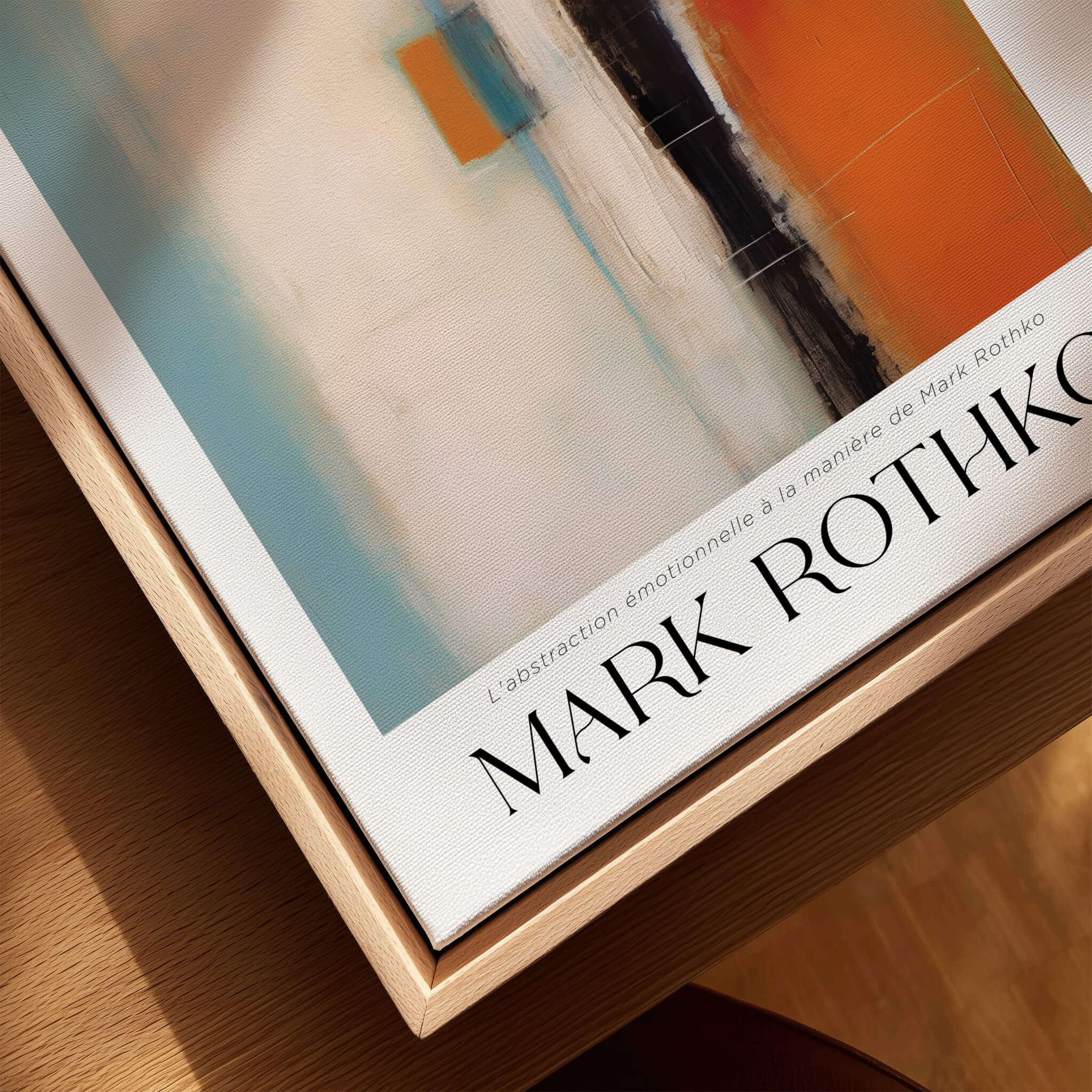 Rothko Inspired Abstract Teal and Orange Art Print | Minimalist Canvas Poster displayed in a wooden frame.