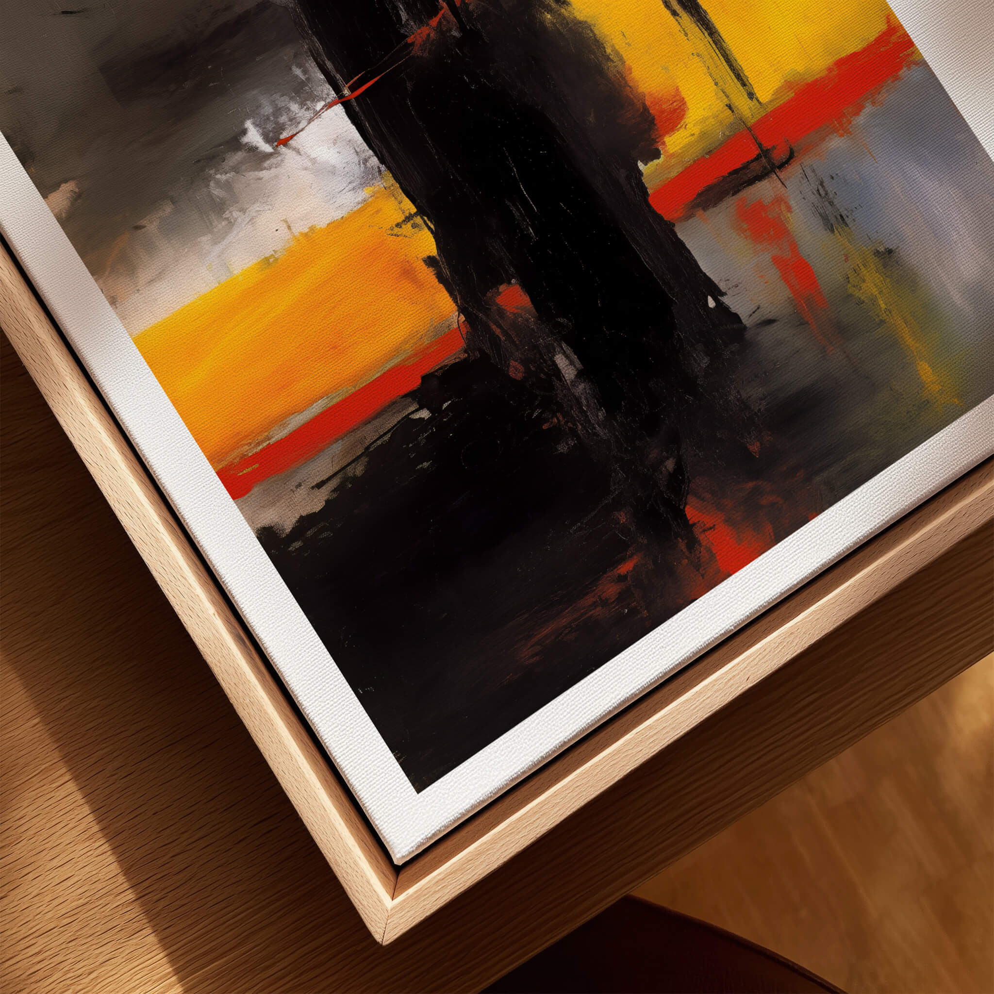 Mark Rothko Style Bold Black and Yellow Abstract Canvas Art Print on a wooden surface.