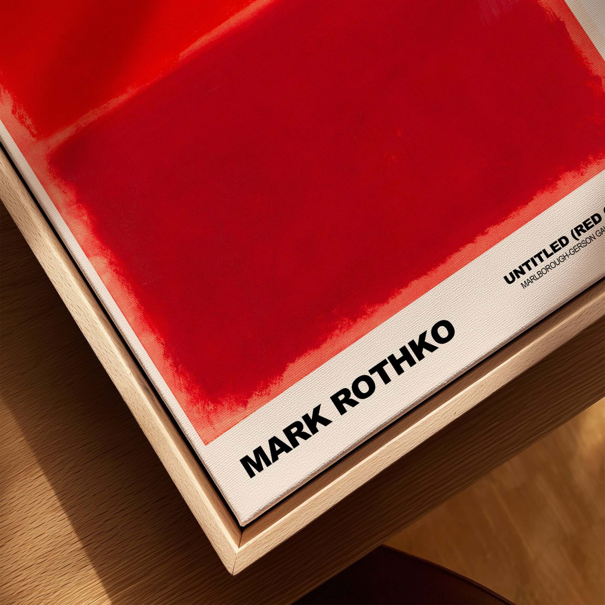Mark Rothko Untitled Red on Red 1969 Abstract Art Print Color Field Painting Poster displayed in a wooden frame.