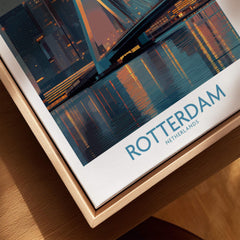 Rotterdam city skyline wall art print in natural wood floating frame, closeup view