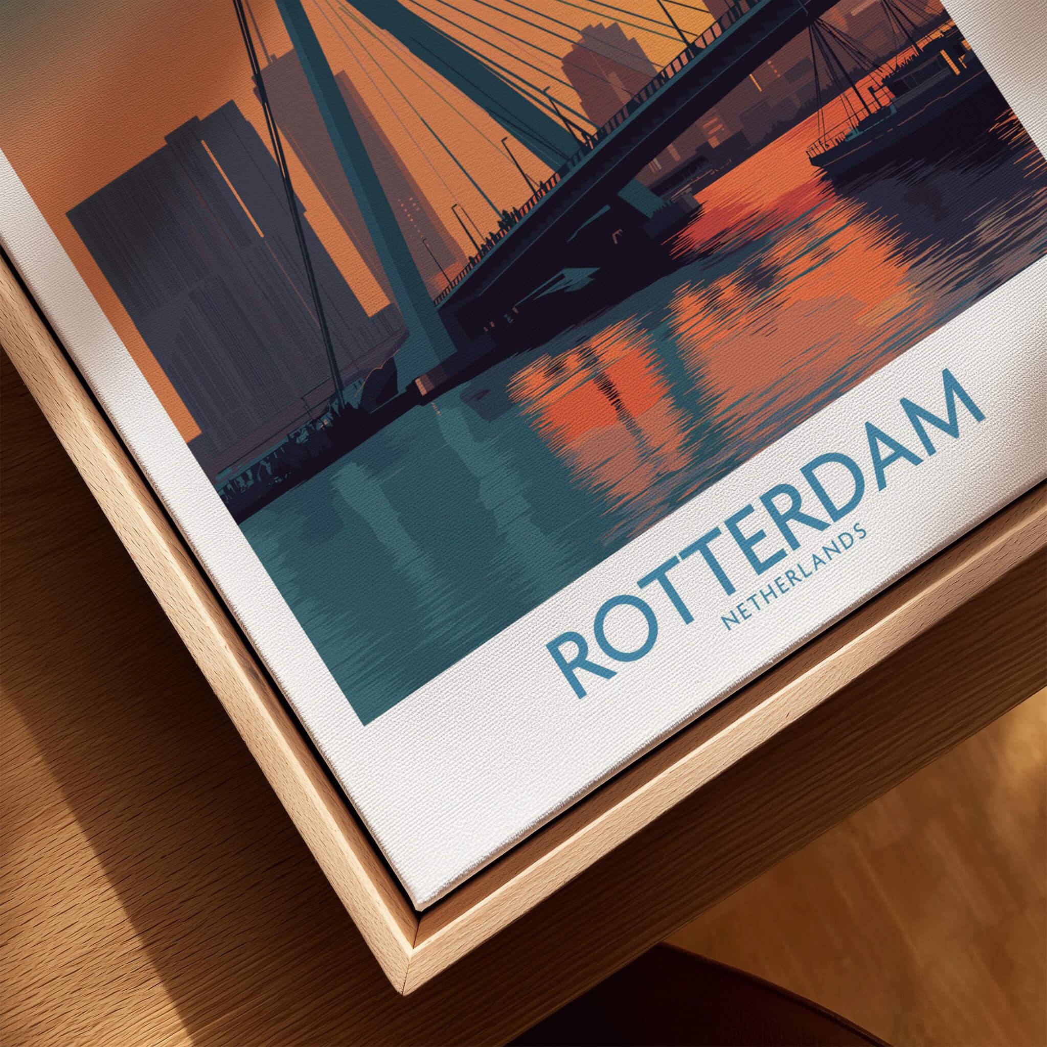 Close-up of Rotterdam city skyline wall art in natural wood floating frame