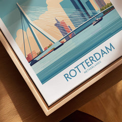 Close-up of Rotterdam city skyline wall art in a natural wood floating frame